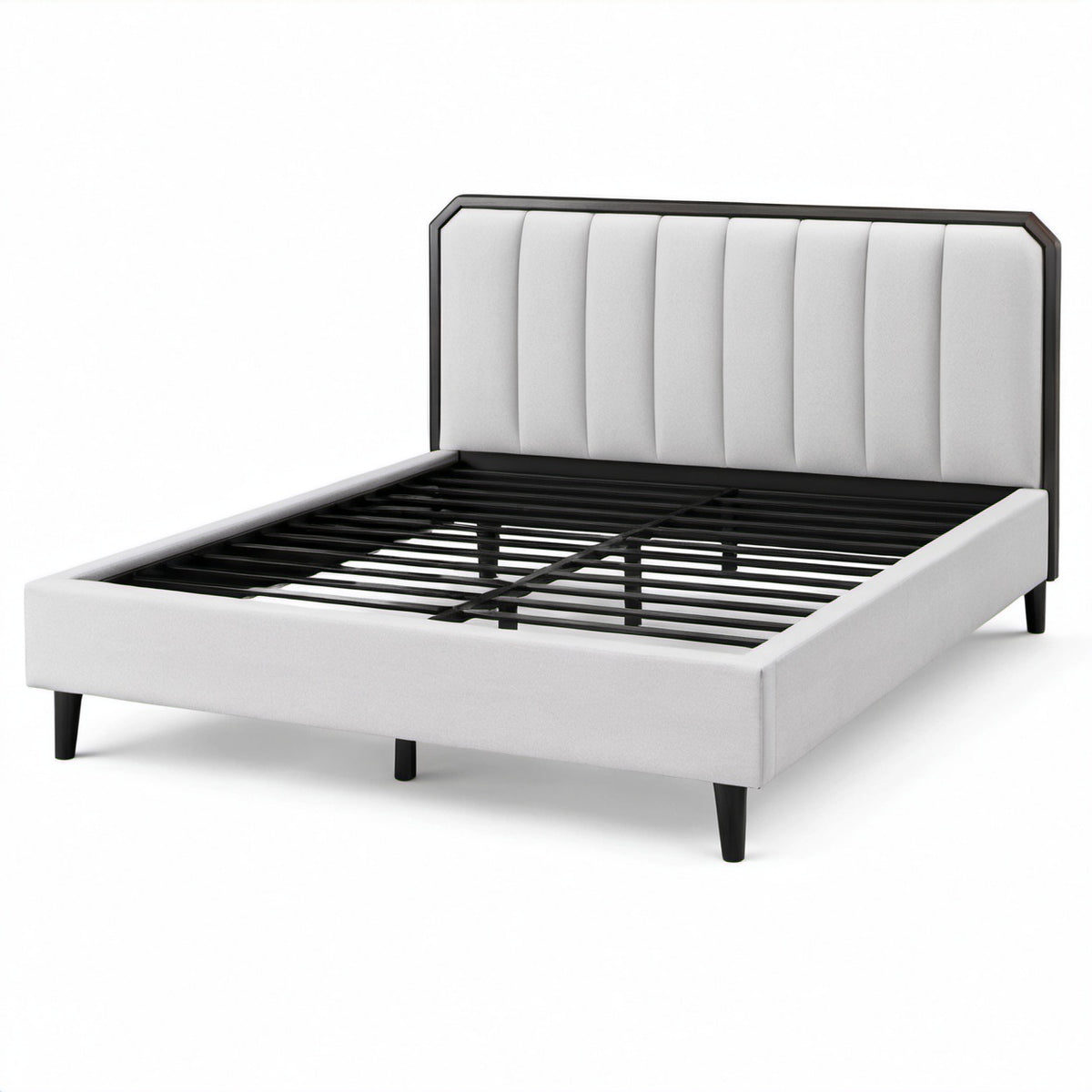 Modernes Polsterbett 160 × 200 cm mit hohem gepolstertem Kopfteil und Metall-Lattenrost, Hellgrau/Schwarz