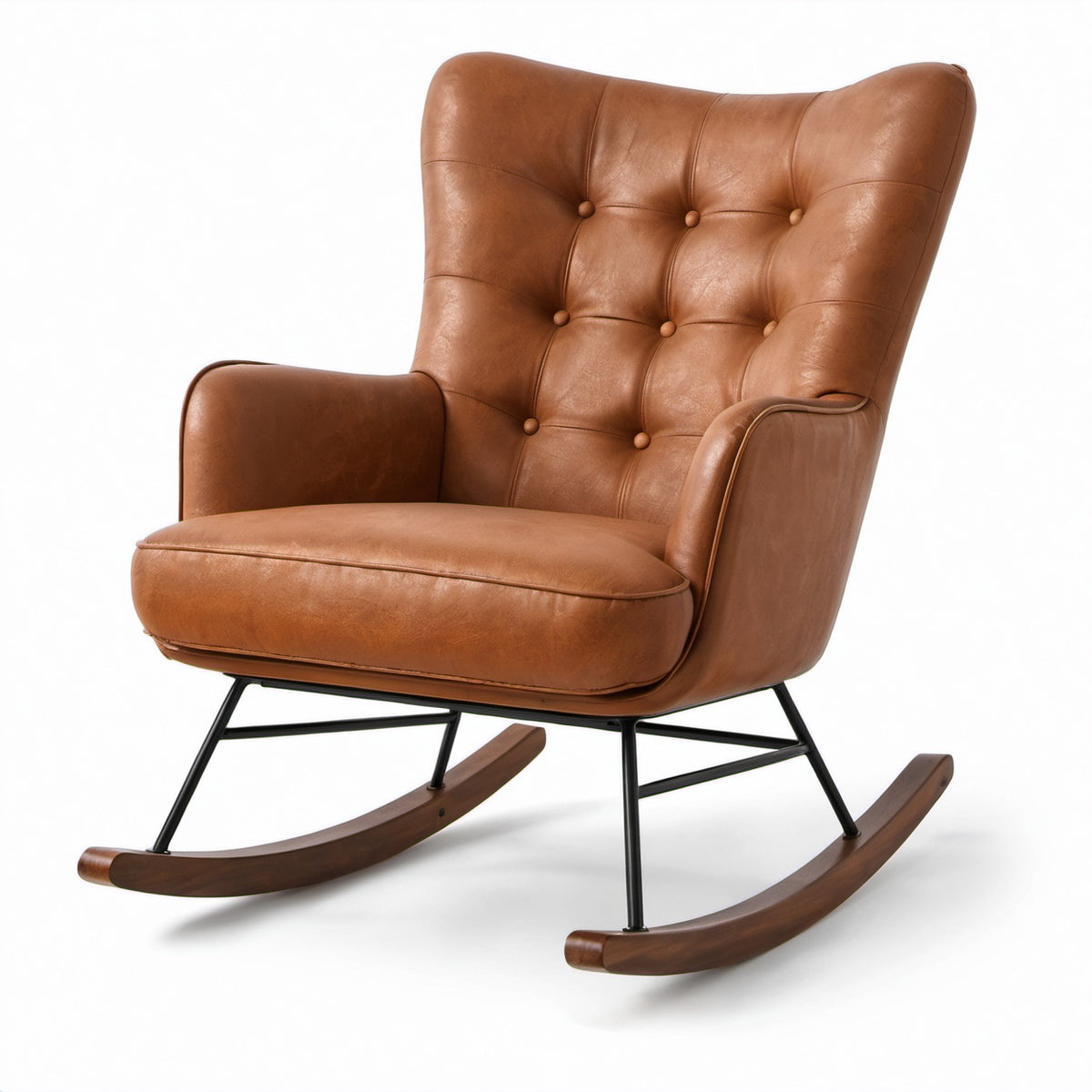 Gepolsterter Retro-Schaukelstuhl in Braun, 96 × 78 × 102 cm, mit hoher Rückenlehne und Holzkufen