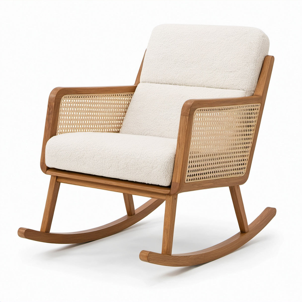 Gepolsterter Schaukelstuhl aus Holz mit Rattangeflecht, Creme/Braun/Natur, 70 × 85 × 90 cm