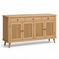 Sideboard mit 4 geriffelten Türen und 3 Schubladen, 160 × 40 × 80 cm, Naturbraun mit messingfarbenen Griffen