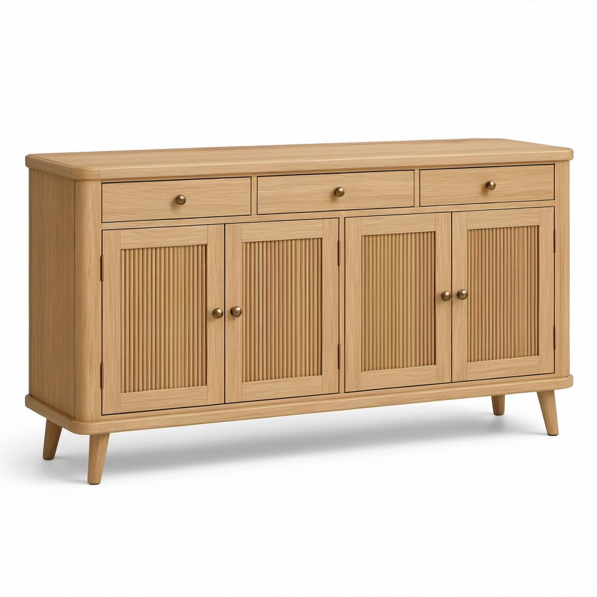 Sideboard mit 4 geriffelten Türen und 3 Schubladen, 160 × 40 × 80 cm, Naturbraun mit messingfarbenen Griffen