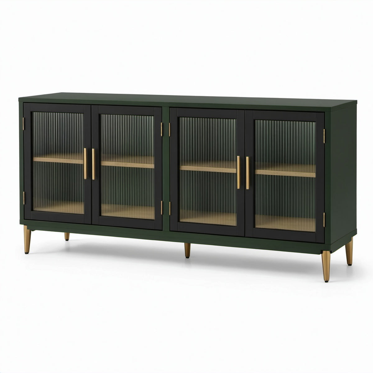 Modernes Sideboard mit 4 Türen und 2 Einlegeböden, 160 × 40 × 80 cm, Dunkelgrün, Schwarz und Goldfarben