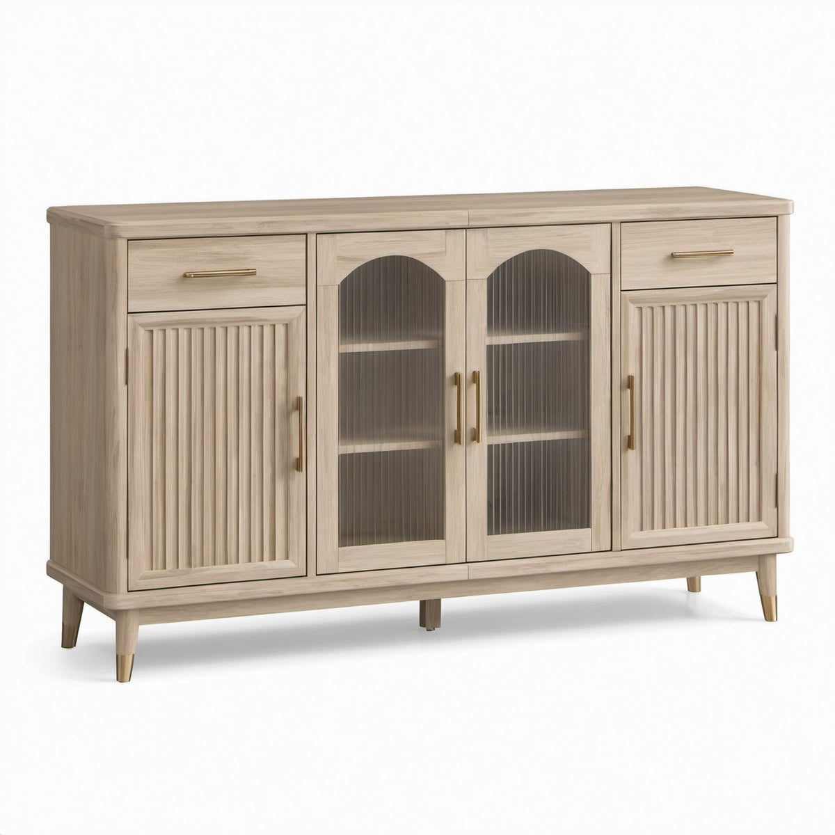Sideboard in Beige mit goldfarbenen Akzenten, 160 × 40 × 90 cm, 4 Türen, 2 Schubladen und geriffeltem Glas