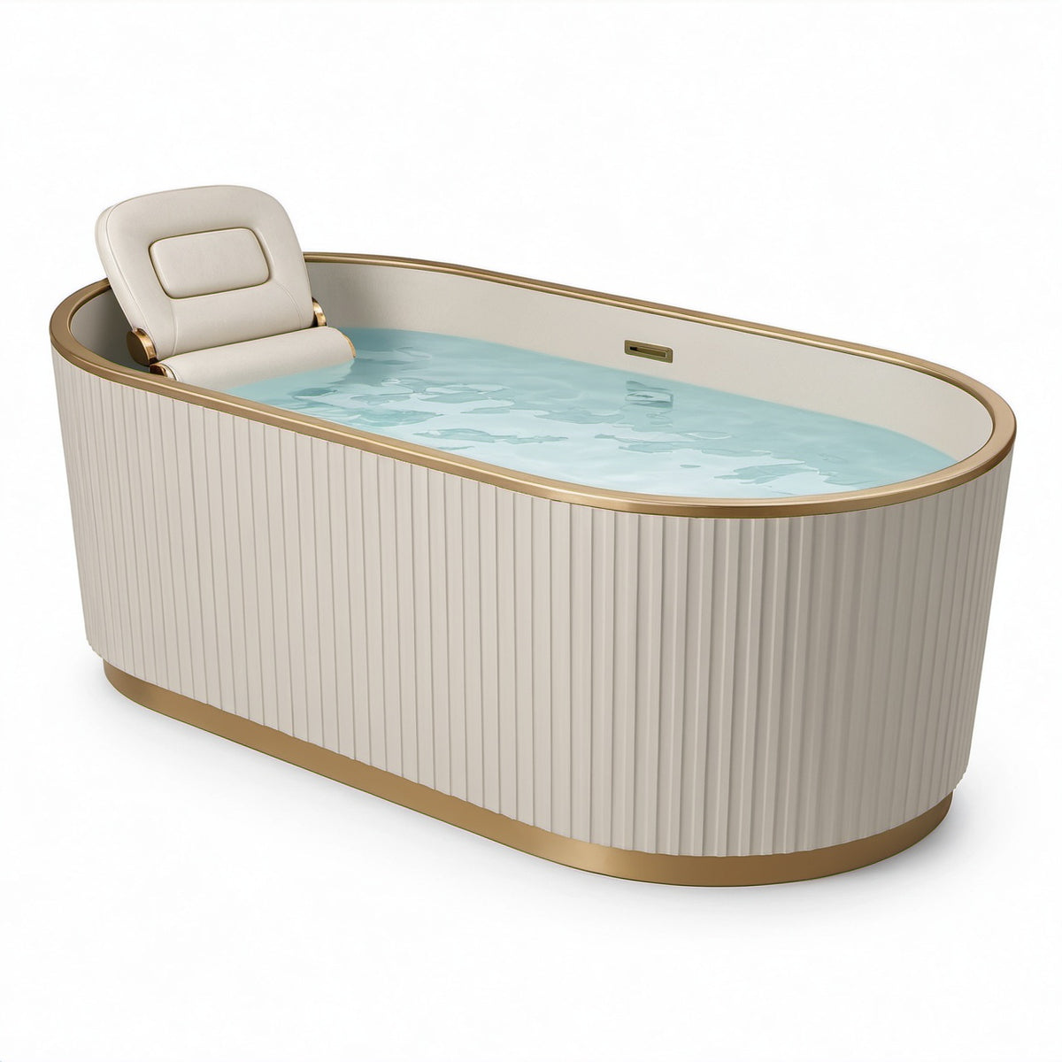 Freistehende Acrylbadewanne mit Rückenlehne, oval, 180 × 85 × 75 cm, Cremeweiß und Gold