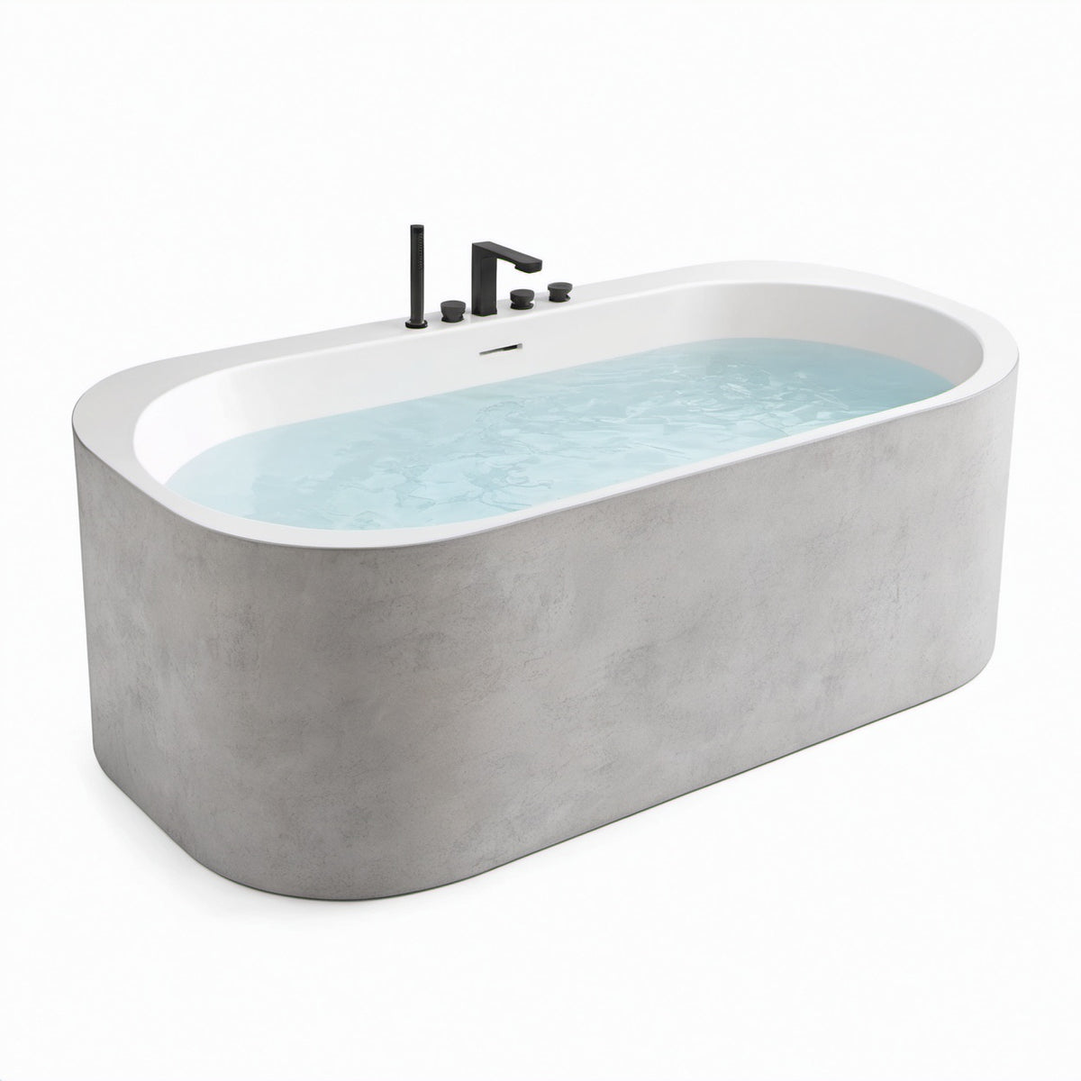 Freistehende Badewanne aus Sanitäracryl, 170 × 80 × 58 cm, Weiß-Grau in Betonoptik, mit schwarzer Wannenrandarmatur