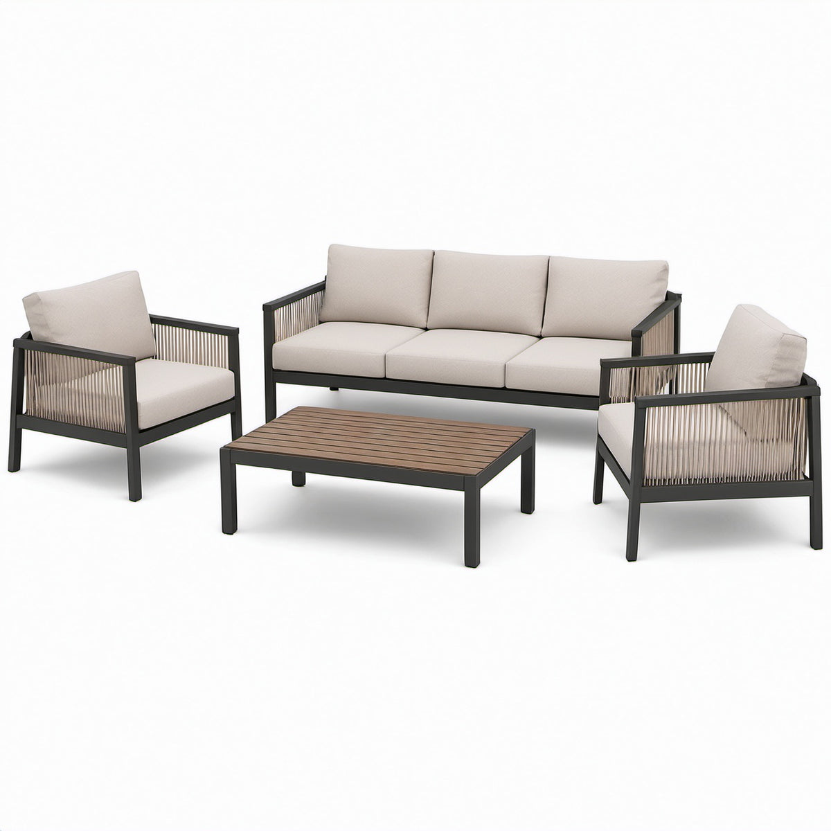 4-teilige Garten-Sitzgruppe mit 3-Sitzer 190 × 78 × 78 cm, 2 Sesseln 75 × 78 × 78 cm und Tisch 110 × 60 × 38 cm, Schwarz, Beige und Braun