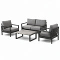4-teiliges Gartenmöbel-Set Grau/Schwarz – Sofa 130 × 75 × 78 cm, 2 Sessel je 68 × 75 × 78 cm, Tisch 90 × 55 × 38 cm