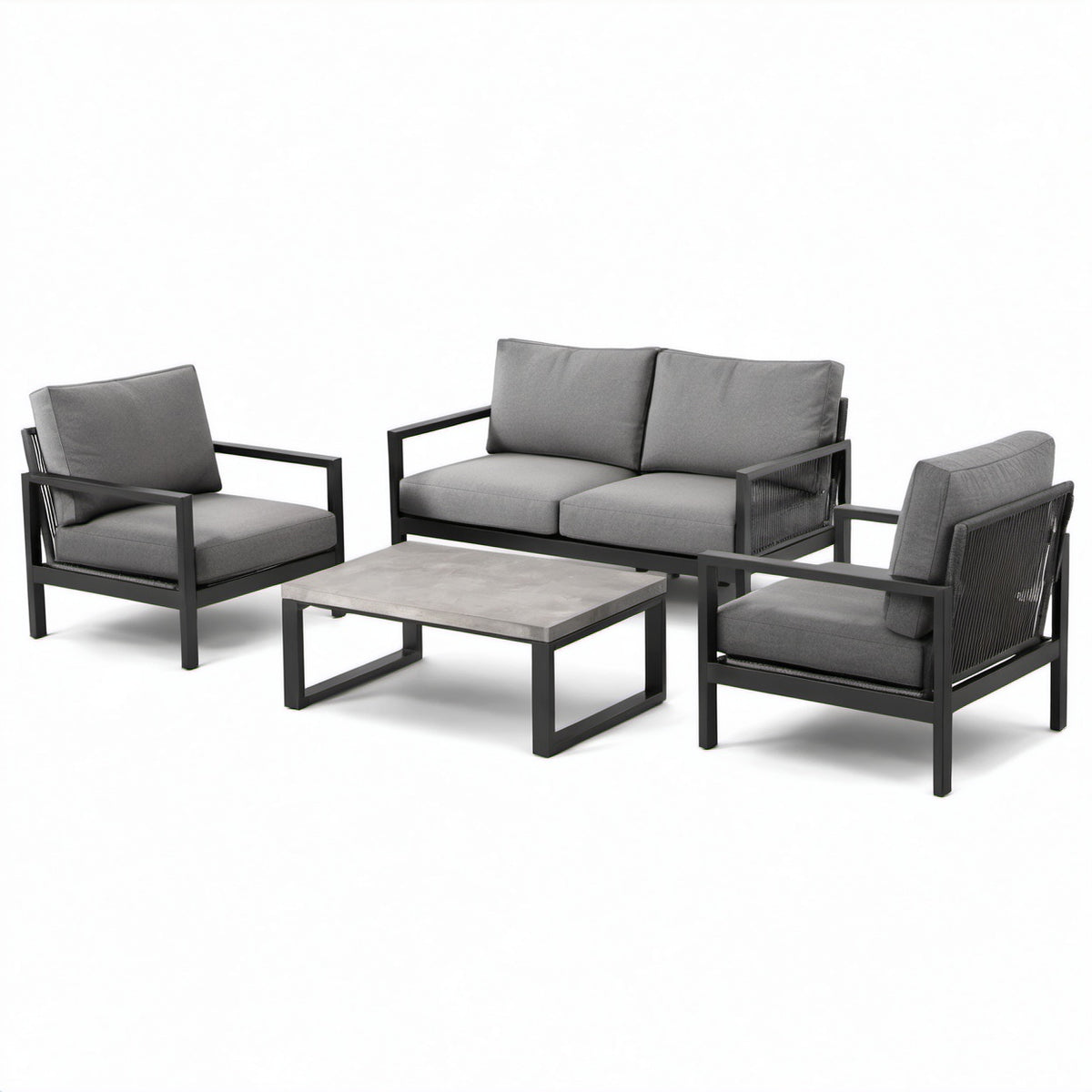 4-teiliges Gartenmöbel-Set Grau/Schwarz – Sofa 130 × 75 × 78 cm, 2 Sessel je 68 × 75 × 78 cm, Tisch 90 × 55 × 38 cm
