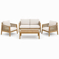 4-teilige Garten-Sitzgruppe aus Holz mit Seilgeflecht, Beige/Braun – Sofa 150 × 78 × 78 cm, Sessel 72 × 78 × 78 cm, Tisch 100 × 55 × 35 cm