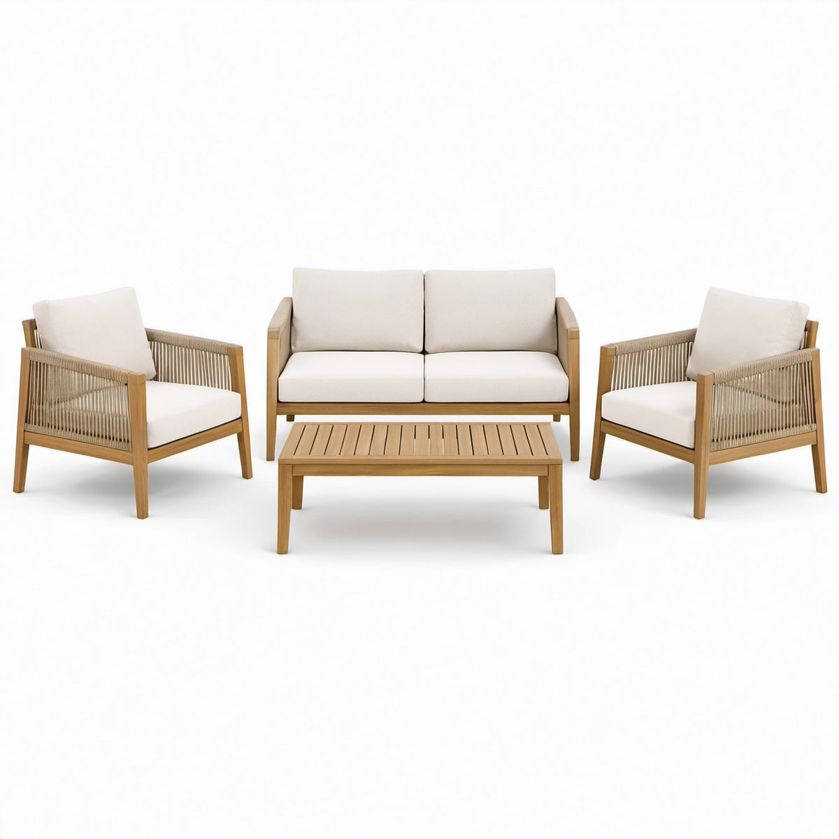 4-teilige Garten-Sitzgruppe aus Holz mit Seilgeflecht, Beige/Braun – Sofa 150 × 78 × 78 cm, Sessel 72 × 78 × 78 cm, Tisch 100 × 55 × 35 cm