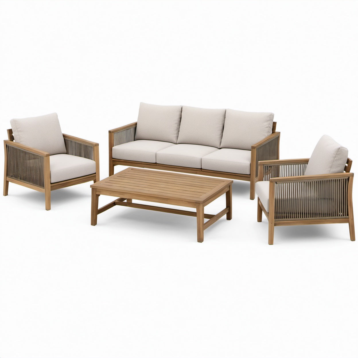 4-teiliges Gartenmöbel-Set mit Dreisitzsofa 195 × 78 × 78 cm, 2 Sesseln je 76 × 78 × 78 cm und Couchtisch 110 × 65 × 42 cm, Braun/Beige/Grau