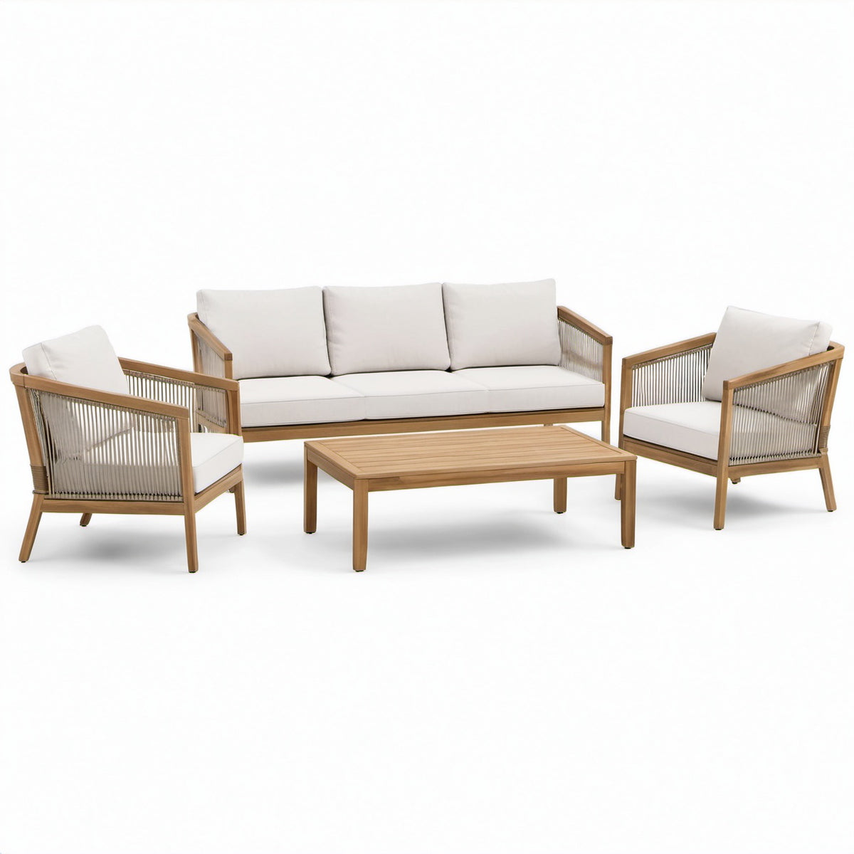 4-teilige Garten-Sitzgruppe aus Holz mit Seilgeflecht, Naturholz, Weiß und Grau – Sofa 200 × 80 × 78 cm, 2 Sessel je 75 × 80 × 78 cm, Tisch 120 × 65 × 40 cm
