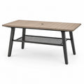 Gartentisch aus Verbundmaterial und Metall mit Ablage und Schirmöffnung, 150 × 90 × 75 cm, Taupe/Schwarz