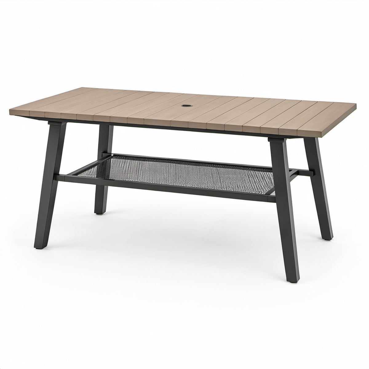 Gartentisch aus Verbundmaterial und Metall mit Ablage und Schirmöffnung, 150 × 90 × 75 cm, Taupe/Schwarz