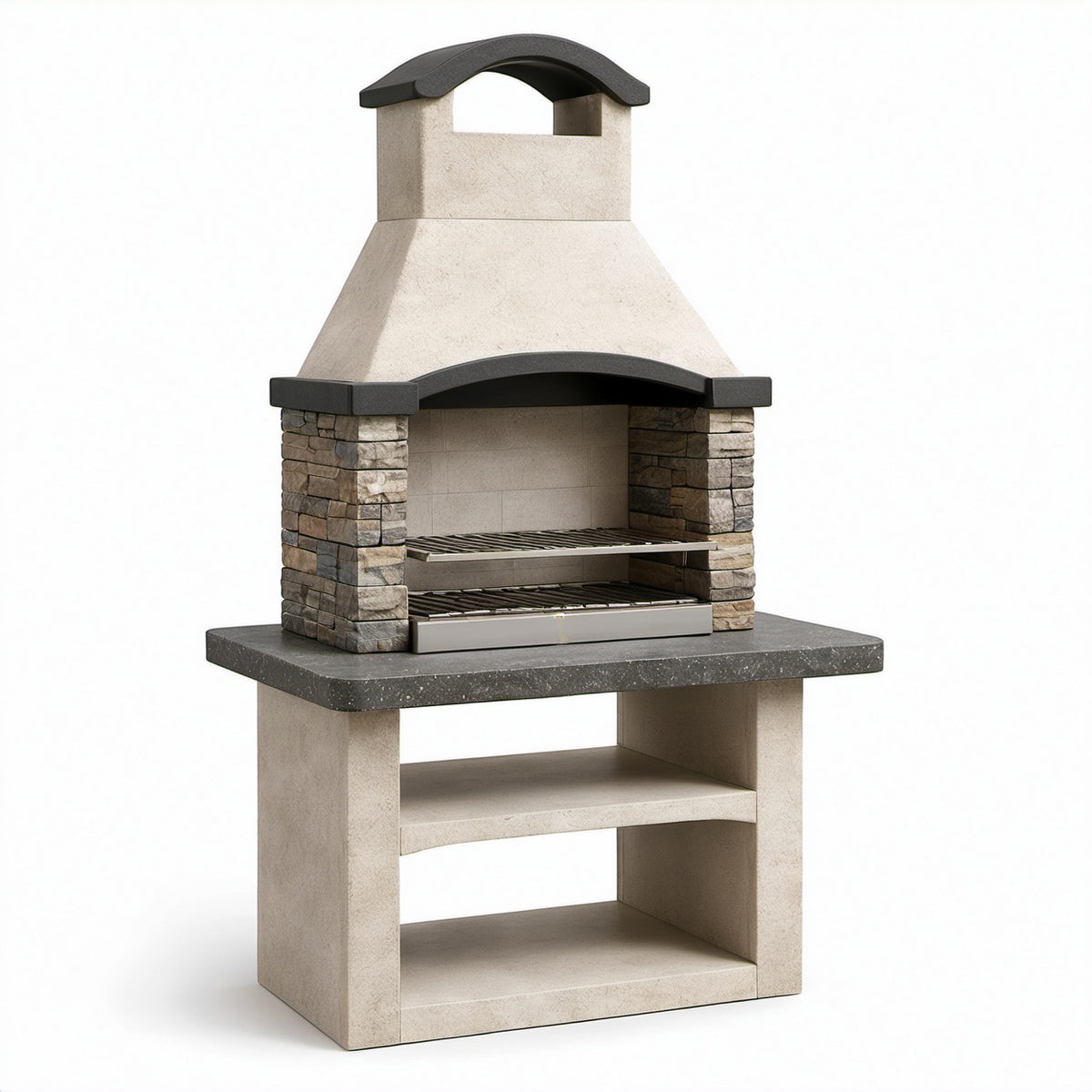 Freistehender Gartengrill mit Kaminabzug und 2 Ablagefächern, 110 × 65 × 210 cm, Beige/Grau/Schwarz/Silber