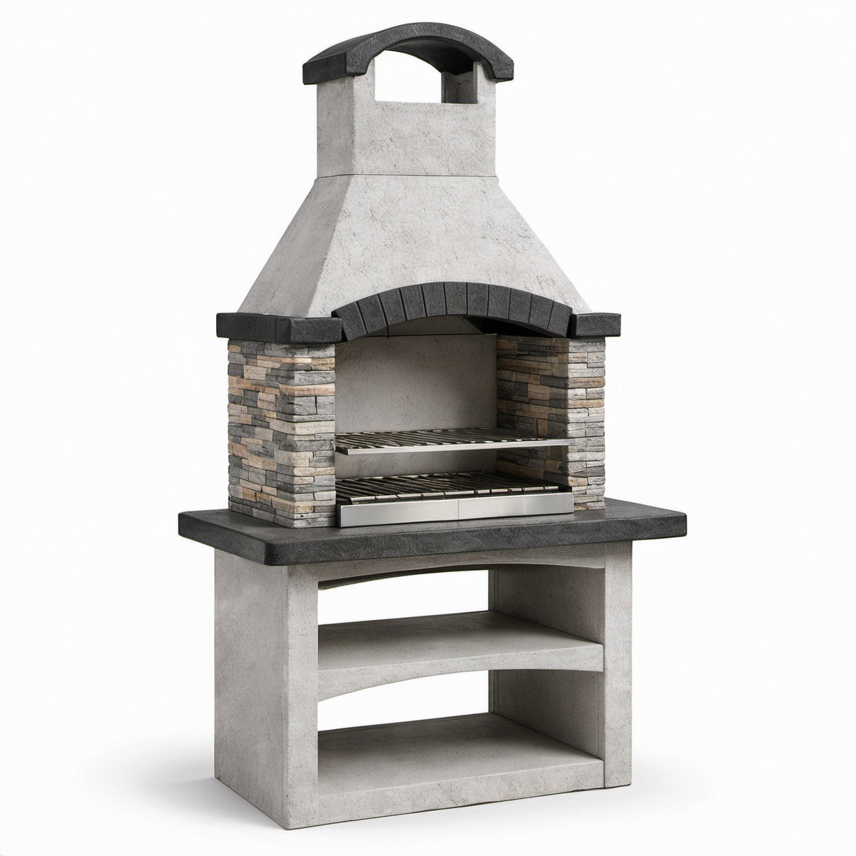 Gartengrill mit Kamin, Grillrost und Ablagen, 110 × 65 × 220 cm, Grau/Anthrazit/Beige