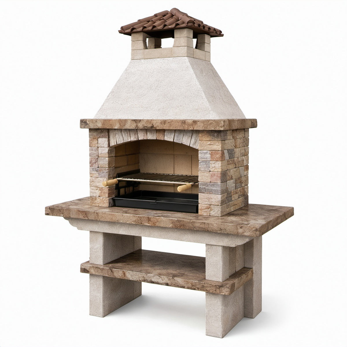 Rustikaler Grillkamin aus Stein und Beton, 110 × 65 × 190 cm, Beige/Braun/Schwarz/Weiß, mit Grillrost, Ablage und Rauchabzug