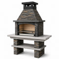 Grillkamin aus Beton mit Steinverkleidung, Grillrost und Ablage, Anthrazit/Grau/Braun, 160 × 70 × 230 cm
