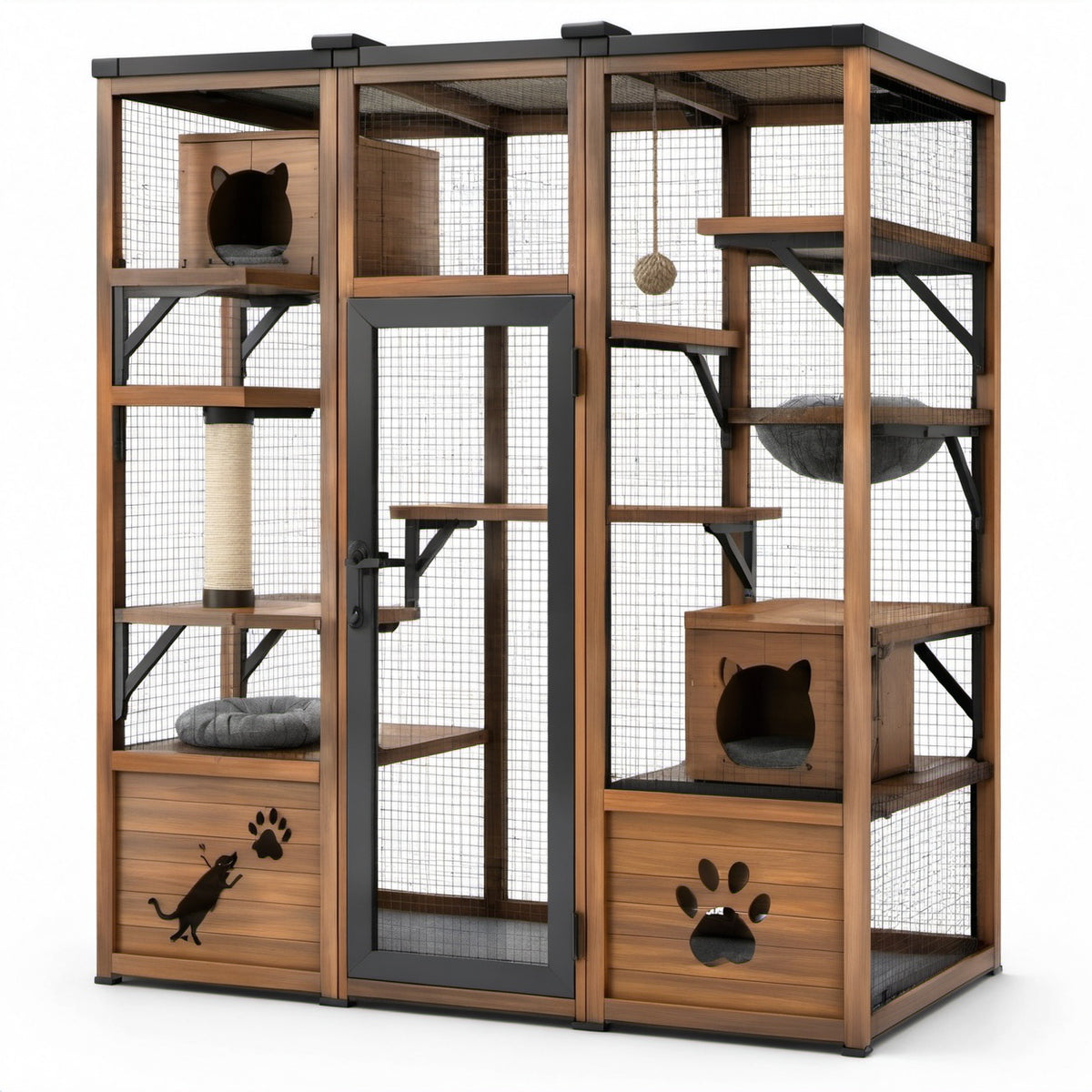 Katzengehege für den Außenbereich, 180 × 90 × 190 cm, aus Holz und Metallgitter, Braun, Schwarz, Grau und Beige, mit Kletterebenen und Katzenhäusern