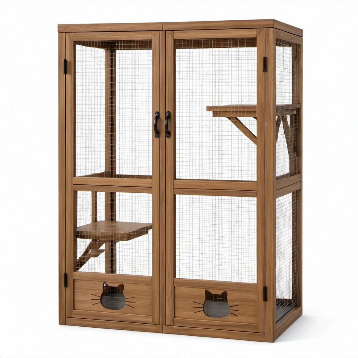 Katzengehege aus Holz und Metallgitter mit 2 Kletterplattformen, 120 × 60 × 180 cm, Braun/Schwarz