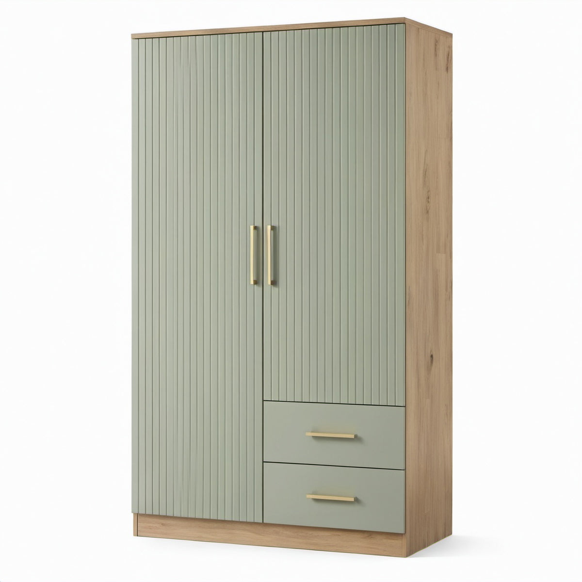 Kleiderschrank mit 2 Türen und 2 Schubladen, Salbeigrün und Eichefarben, 100 × 52 × 200 cm