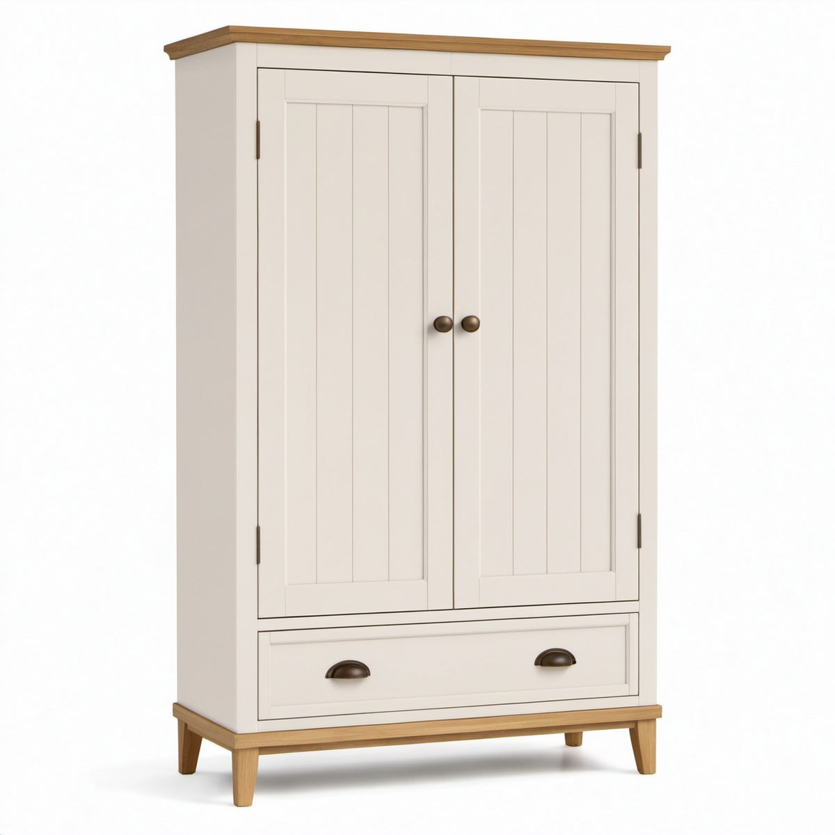 Kleiderschrank aus Holz in Elfenbein, Naturholz und Bronze, 100 × 55 × 190 cm, mit 2 Türen und 1 Schublade