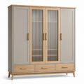 Viertüriger Kleiderschrank 180 × 55 × 200 cm, Greige und Eiche natur, mit geriffeltem Glas und 3 Schubladen