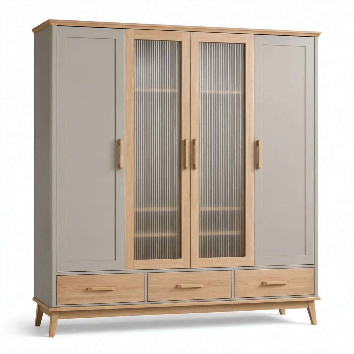 Viertüriger Kleiderschrank 180 × 55 × 200 cm, Greige und Eiche natur, mit geriffeltem Glas und 3 Schubladen