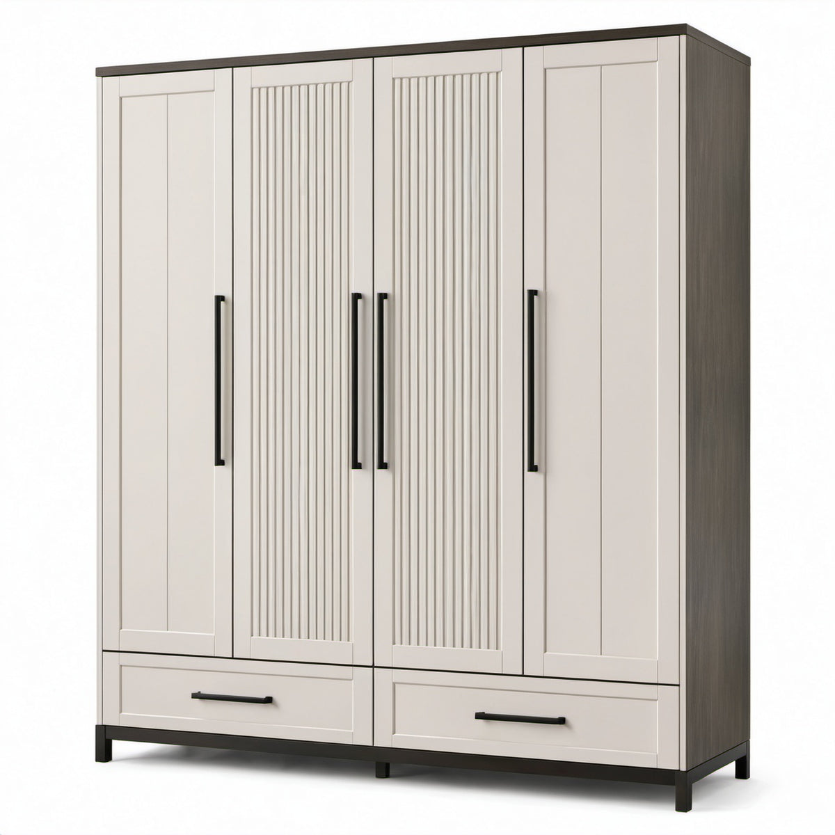 Kleiderschrank mit 4 Türen und 2 Schubladen, 200 × 55 × 210 cm, Creme, Dunkelbraun und Schwarz