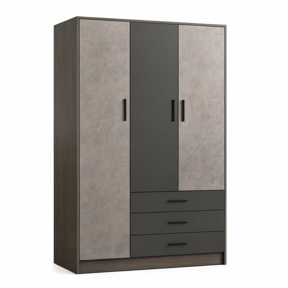 Moderner Kleiderschrank mit 3 Türen und 3 Schubladen, 120 × 52 × 190 cm, Anthrazit, Grau und Dunkelbraun