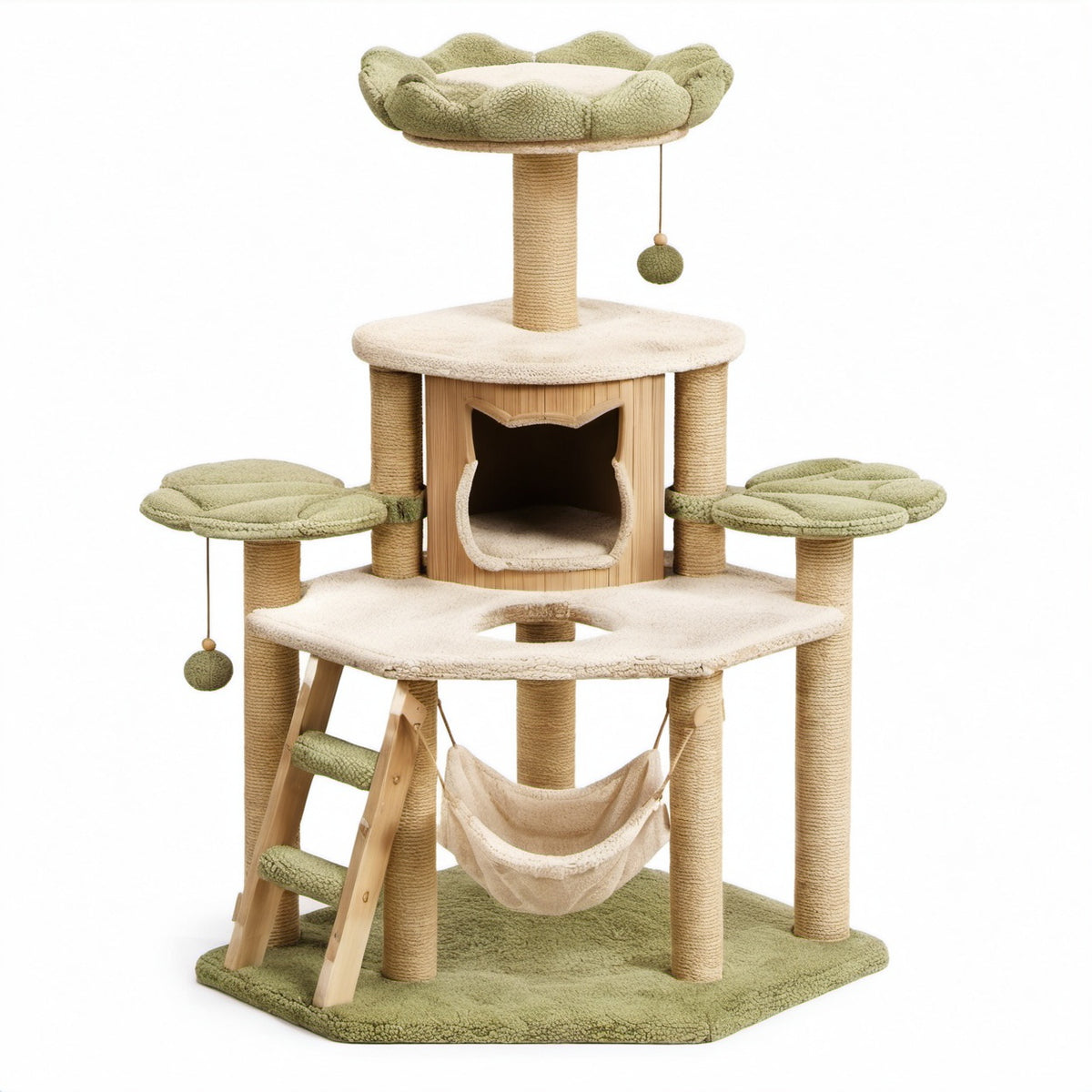 Kratzbaum aus Holz, Sisal und Plüsch mit Katzenhöhle, Hängematte und Liegeflächen, 90 × 60 × 165 cm, Grün/Beige/Natur