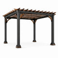 Freistehende Gartenpergola aus Stahl und Holz mit Lamellendach, 366 × 305 × 244 cm, Anthrazit/Braun