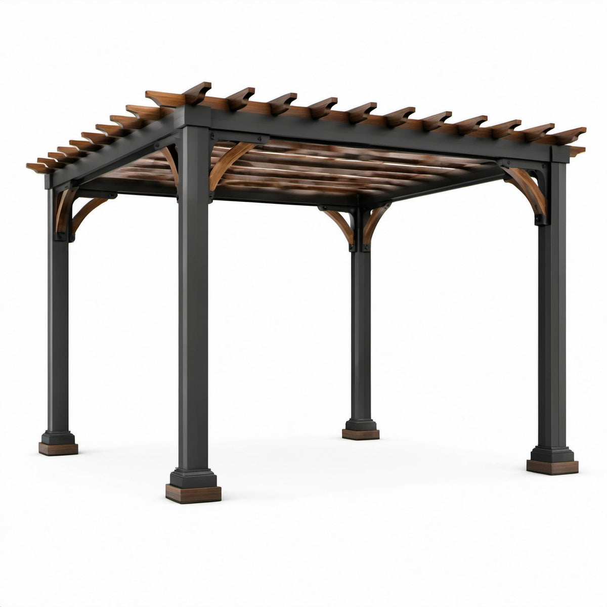 Freistehende Gartenpergola aus Stahl und Holz mit Lamellendach, 366 × 305 × 244 cm, Anthrazit/Braun