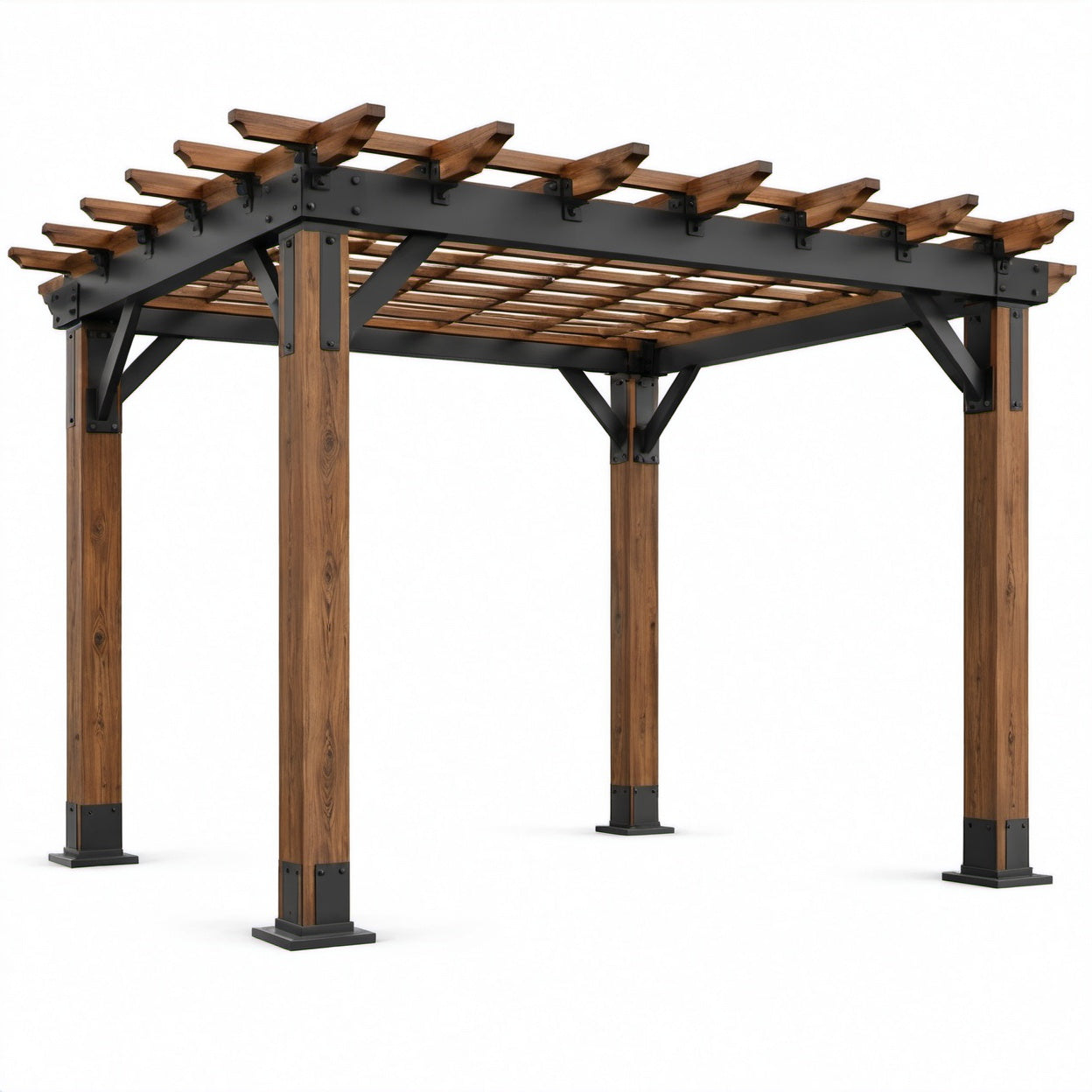 Freistehende Holz-Stahl-Pergola 300 × 300 × 250 cm in Braun und Schwarz, rustikaler Stil