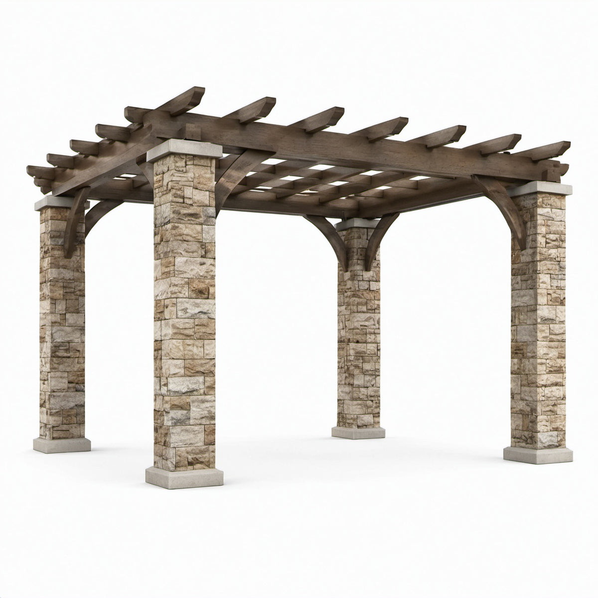 Holzpergola mit Steinpfeilern, Braun/Beige/Grau, 450 × 350 × 290 cm